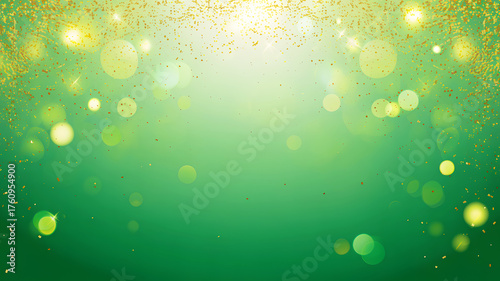 Gold confetti and glitter on light green festive background with copy space
