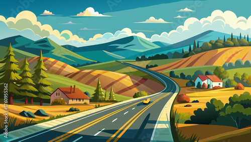 Very beautiful scenic Arkansas country road winding through rolling green hills under a bright summer sky, offering a peaceful and picturesque drive along a classic USA highway.