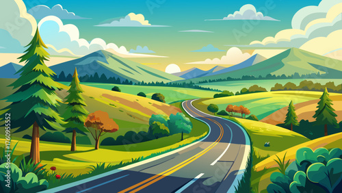 Very beautiful scenic Arkansas country road winding through rolling green hills under a bright summer sky, offering a peaceful and picturesque drive along a classic USA highway.