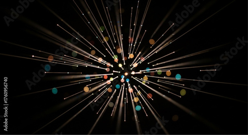 An abstract, dynamic visual experience created by multiple light beams emanating from a central point, evoking a sense of energy, space. vector illustration overlay