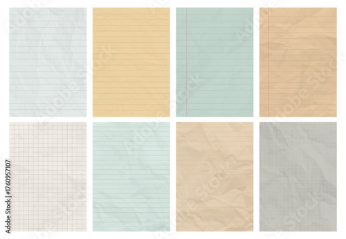 Set of crumpled lined and grid paper sheet texture. Blank notebook, vintage stationery background, checkered and ruled page collection