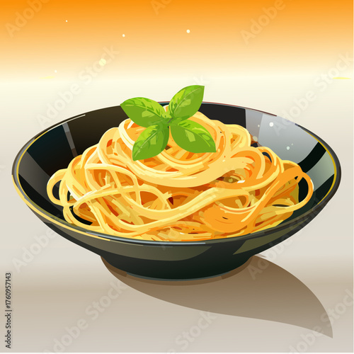 Pixel Art Style Image of Pasta in Black Bowl with Green Basil Leaves on White Background Against Orange Sky
