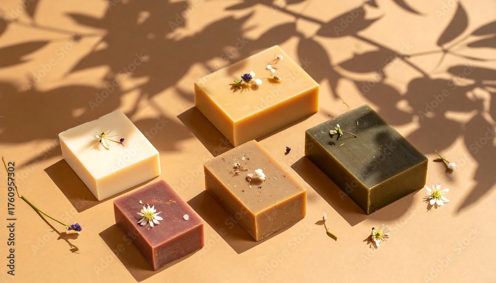 Fototapeta premium Assortment of colorful, rectangular soaps with floral accents