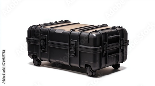 Black rugged plastic case with wheels for safe transport of equipment. Protective storage box for sensitive gear, tool, and camera.