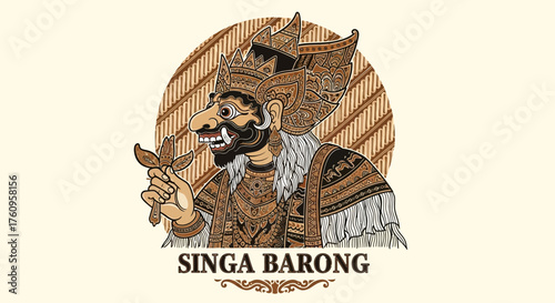 Intricate Singa Barong Illustration Balinese Mythological Creature with Cultural Symbolism