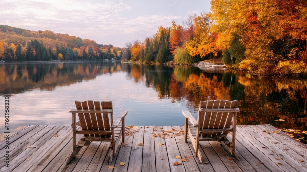 Fototapeta premium Two adirondack chairs on wooden dock with fall colored trees reflecting in lake. Relaxing autumn landscape for vacation and nature concept.