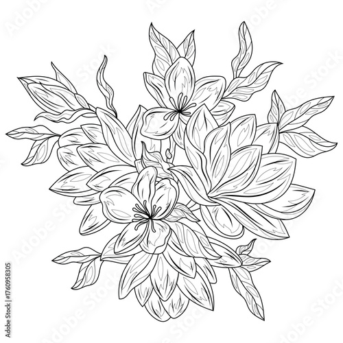 Magnolia flowers.Coloring book antistress for children and adults.