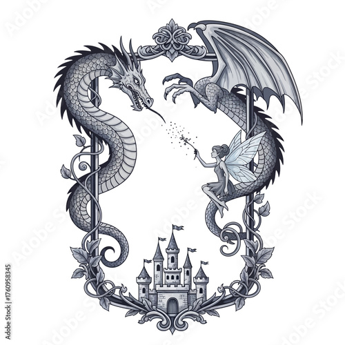 Magical Dragon Fairy Castle Fantasy Realm Illustration