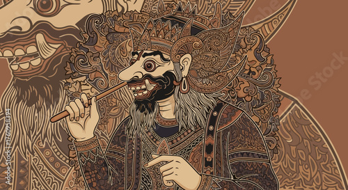 Ancient Javanese Art Masked Figure and Mythical Creature Illustration
