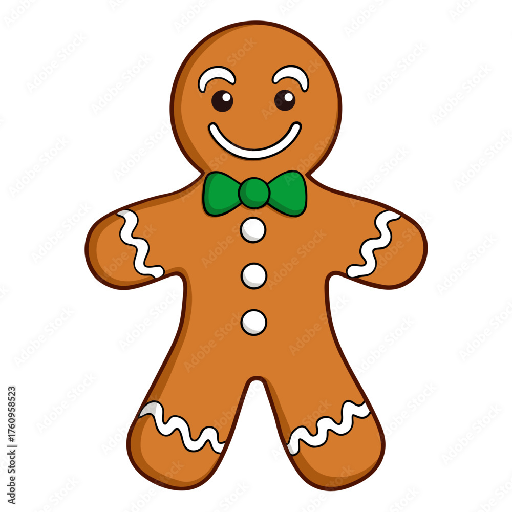 Obraz premium Gingerbread man cookie with green bow tie and icing decoration 