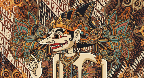 Wayang Indonesian Puppet Character on Ornate Batik Fabric