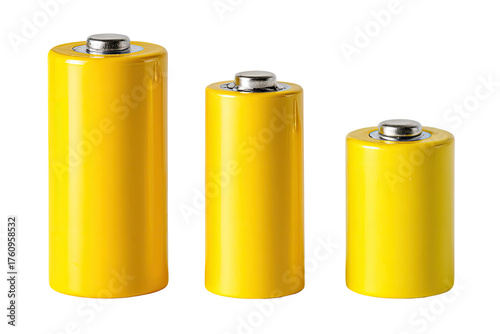 Three yellow cylindrical batteries of varying sizes,  isolated on black
