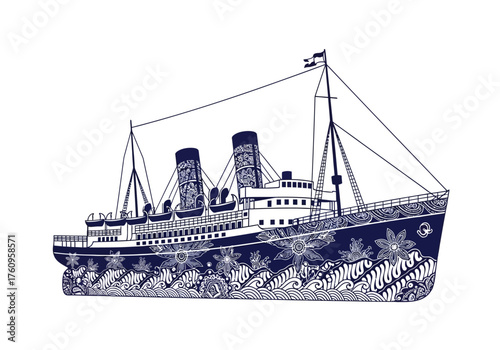 Ornate Ocean Liner Illustration A Detailed Ship Voyage Art