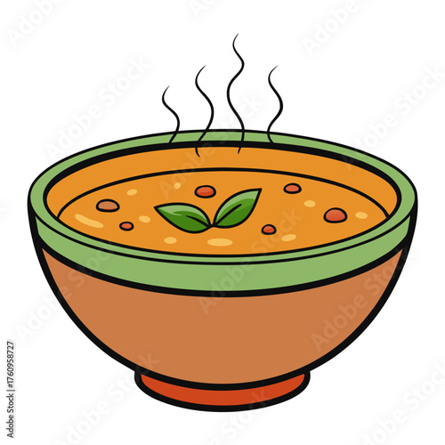 Hot soup in a colorful bowl with steam and fresh herbs on top  