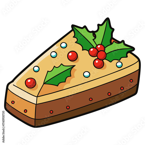 Slice of decorated festive cake with holly and berries  