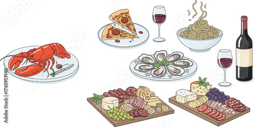 Gourmet food illustration, lobster, oysters, pizza, pasta, charcuterie board, wine bottle, red wine glasses, fine dining, culinary sketch, feast