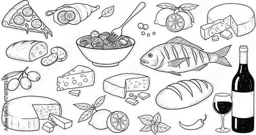 Mediterranean food illustration, pizza, pasta, fish, bread, cheese, wine, herbs, fruits, black and white, culinary sketch, gourmet ingredients