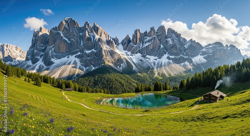 Obraz premium A picturesque mountain landscape with a turquoise lake and a wooden hut in the foreground, surrounded by lush green meadows and snow-capped peaks in the background.