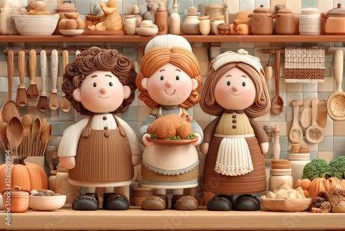 Whimsical clay figures in cozy kitchen with autumn harvest decorations.