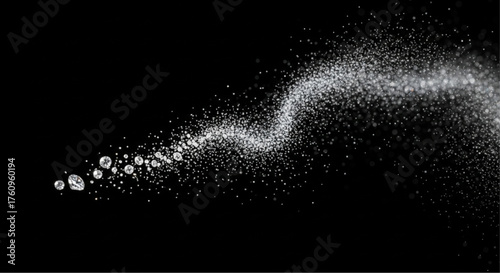 An artistic swirl of glistening particles dancing against a backdrop of pure black, offering an image of celestial mystery and abstract motion. vector illustration overlay