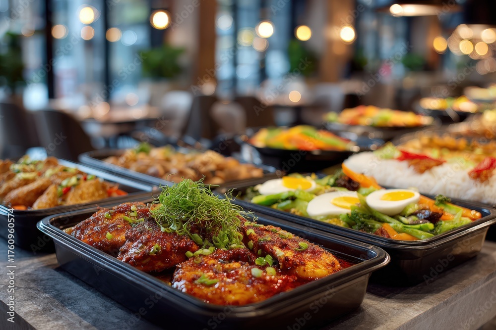 Obraz premium Colorful assortment of delicious Asian cuisine displayed in black containers, featuring vibrant vegetables, rice, and garnishes, showcasing culinary artistry and appetizing presentation