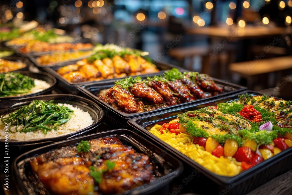 Obraz premium Colorful assortment of delicious dishes in black containers, featuring grilled meats, vibrant vegetables, and fragrant rice, arranged beautifully for an appetizing presentation