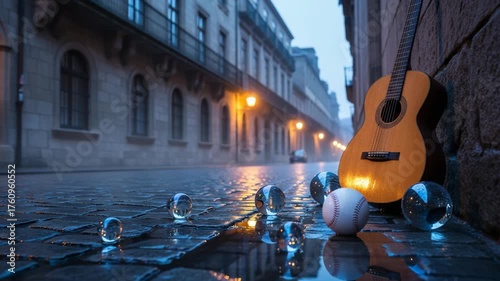 Acoustic Guitar and Baseball on a Rainy Cobblestone Street at Dusk.