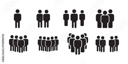 Eight Black Pictogram Sets Showcasing Varying Numbers of People Standing on White