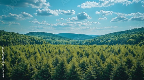Vast Forest Plantation with Rolling Green Hills Under a Bright, Cloudy Blue Sky