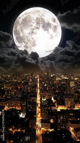 Stunning vertical animation featuring a large full moon shining in the night sky above a luminous city, creating a dramatic atmosphere with cloud effects and cinematic lighting. 