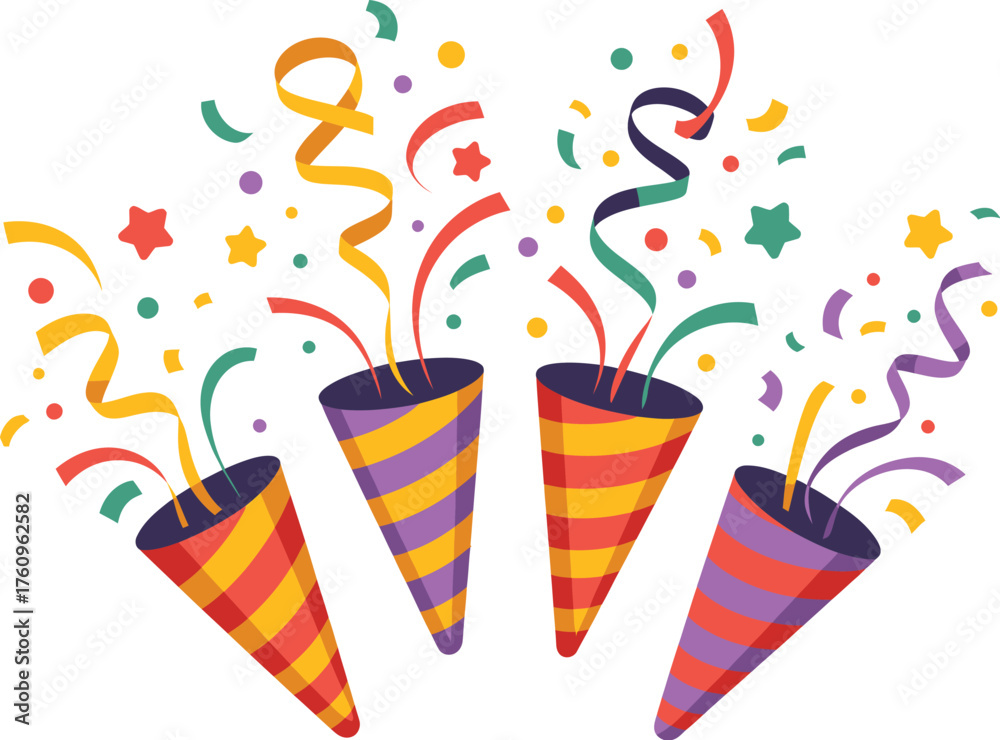 Obraz premium Exploding Party Poppers Releasing Colorful Confetti and Streamers for a Festive Celebration