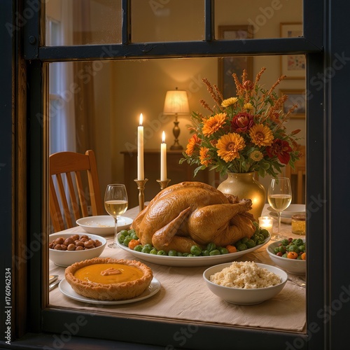 A warmly lit dining table, beautifully decorated for Thanksgiving, is visible through a window, featuring a roasted turkey, pumpkin pie, and a variety of side dishes