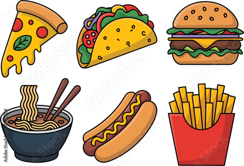A vibrant and colorful vector illustration showcasing a delicious assortment of popular fast food items, perfect for culinary themes and menu designs