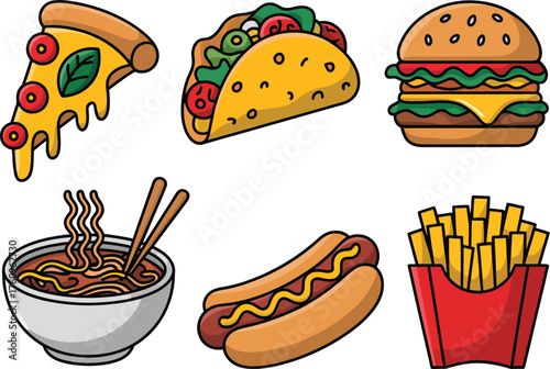 A colorful vector illustration showing a set of popular fast food and takeout meal icons, including pizza, tacos, burgers, and french fries