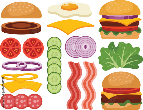 Colorful Vector Illustration Set of Hamburger Ingredients and Burger Variations