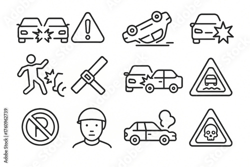 Traffic Accident and Safety Icons Set - Outline Linear Collision Symbols