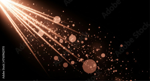 Radiant beams of light cascading downwards, adorned with glittering particles against a backdrop of darkness.  vector illustration