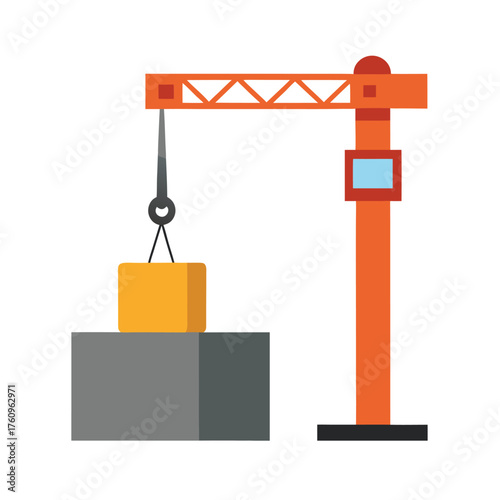 Construction crane lifting a yellow block on white background Keywords: crane, construction