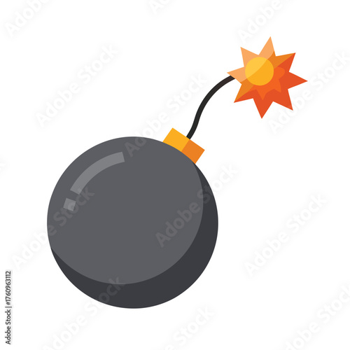 Cartoon bomb with lit fuse on white background Keywords: bomb, explosion, danger, dynamite, fuse