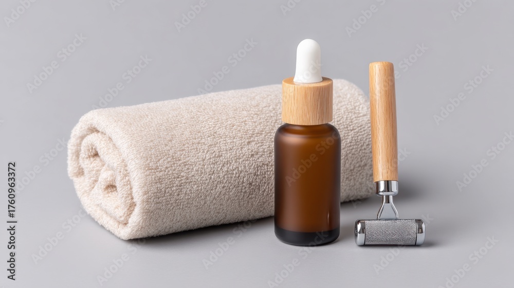 Naklejka premium Exquisite Beauty Treatment Setup Featuring Serum Dropper and Roller Next to Soft Towel for Skincare Routine Enhancement