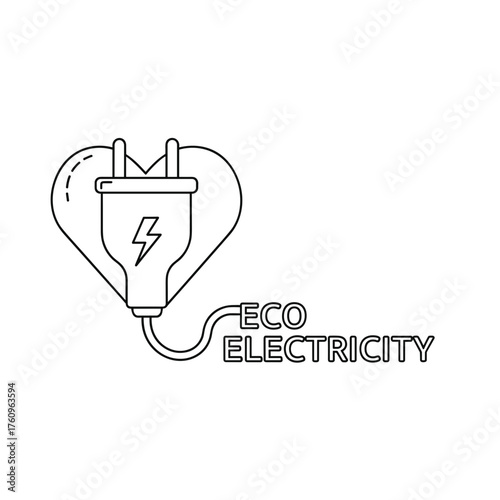 Eco electricity symbol with heart and power plug in line art style  