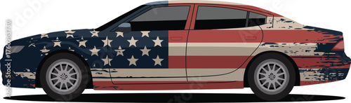 Side view of a modern sedan featuring a grunge style American flag vehicle wrap design