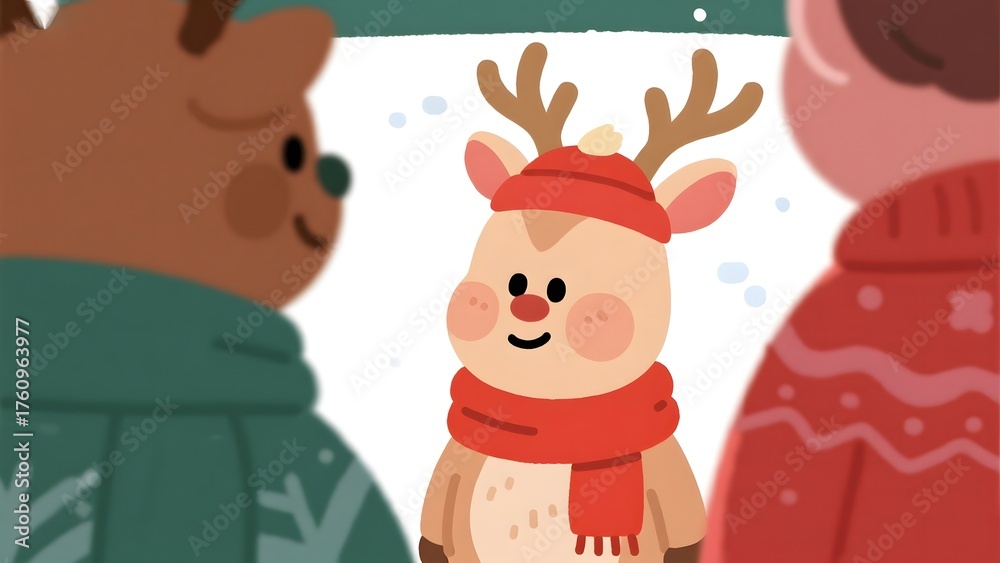 Fototapeta premium Reindeer wearing red hat and scarf