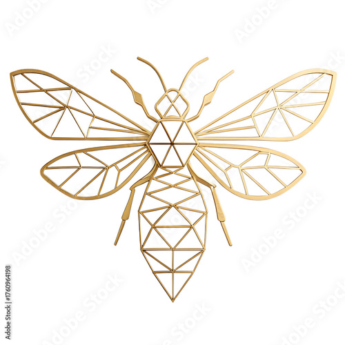 Golden geometric bee illustration isolated on transparent background, a modern and stylized insect design element