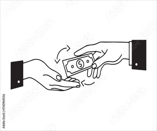 Money exchange illustration in black and white hands receiving payment