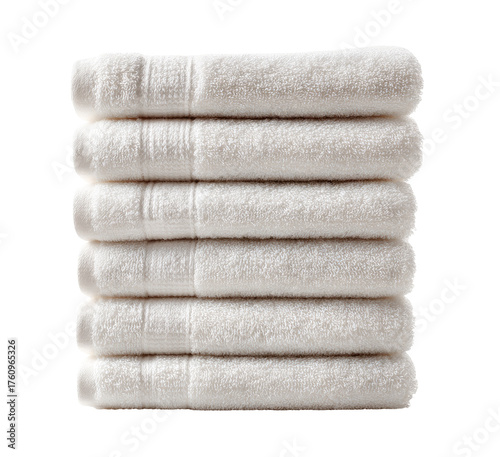 Stack of six folded, off-white bath towels