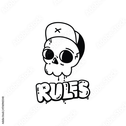 Cool skull wearing cap with graffiti text rules dripping style street art t-shirt design