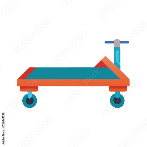 Orange and teal platform trolley with blue wheels on white background Keywords: trolley, cart