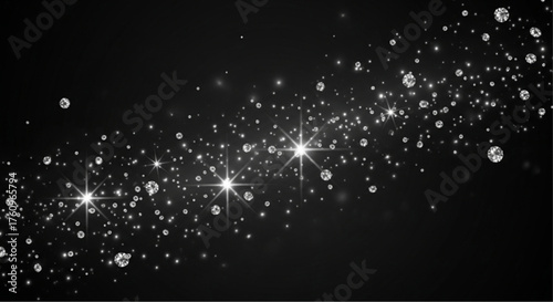An Elegant abstract composition, this artwork presents a dazzling display of sparkling diamonds and ethereal light particles on a dark background.