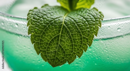 Fresh Green Mint Leaf Floating in Bright Glass of Iced Beverage